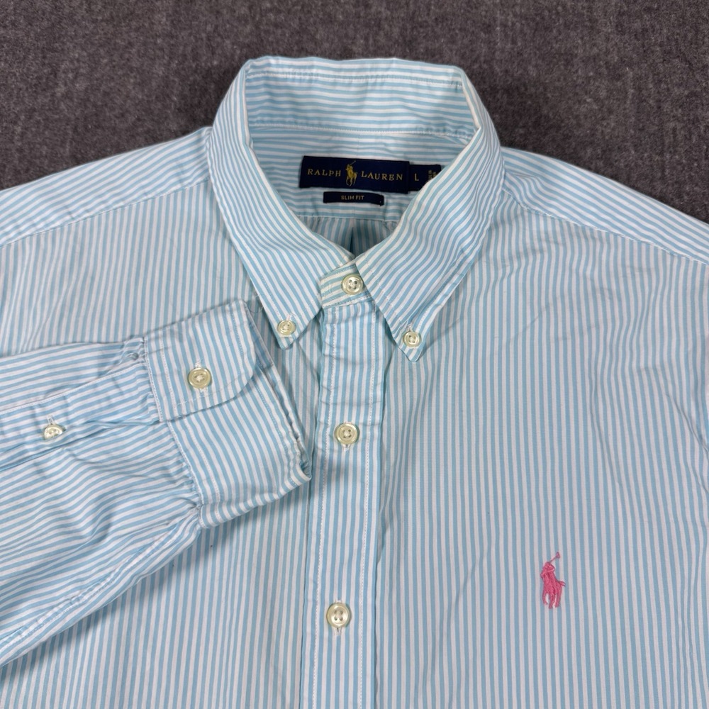 Ralph Lauren Men's L Slim Fit Blue White Stripe Button Down Shirt Pink Pony